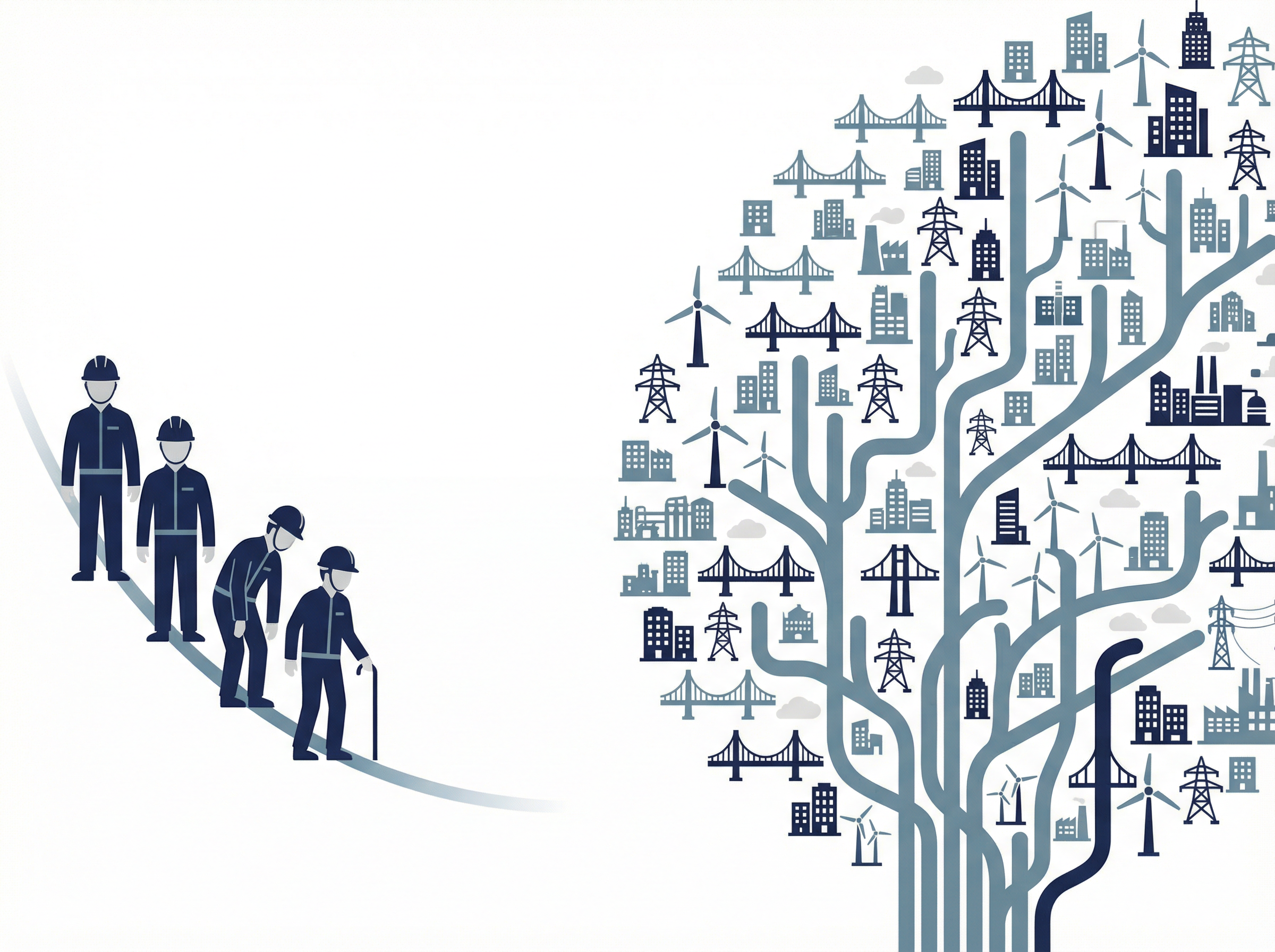 技術者の高齢化と人手不足のイメージ